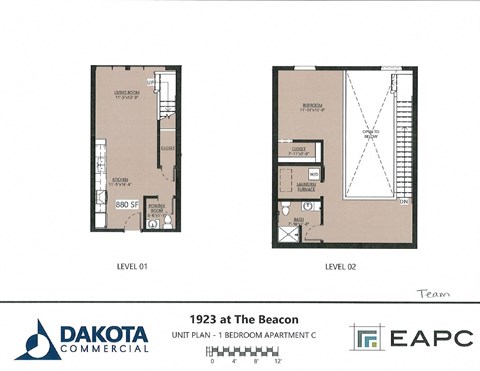 Floor plan for 1 bed, 1.5 baths, 880 sqft